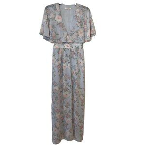 WAYF Womens Love Note Flutter Sleeve Floral Midi Maxi Dress Blue XS Split Hem